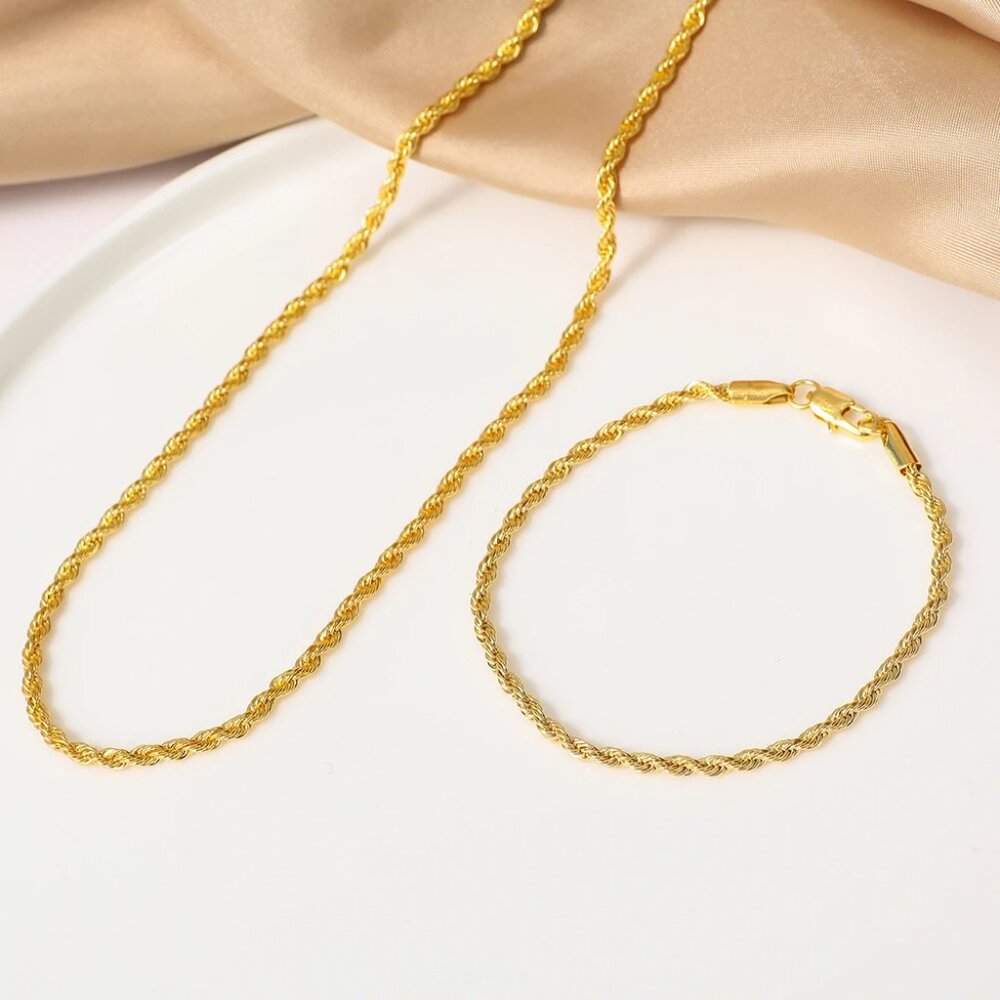 ⭐  2pc. Set 22" Necklace and 7.75" Diamond Cut Rope Bracelet 4mm Wide 18K Gold⭐